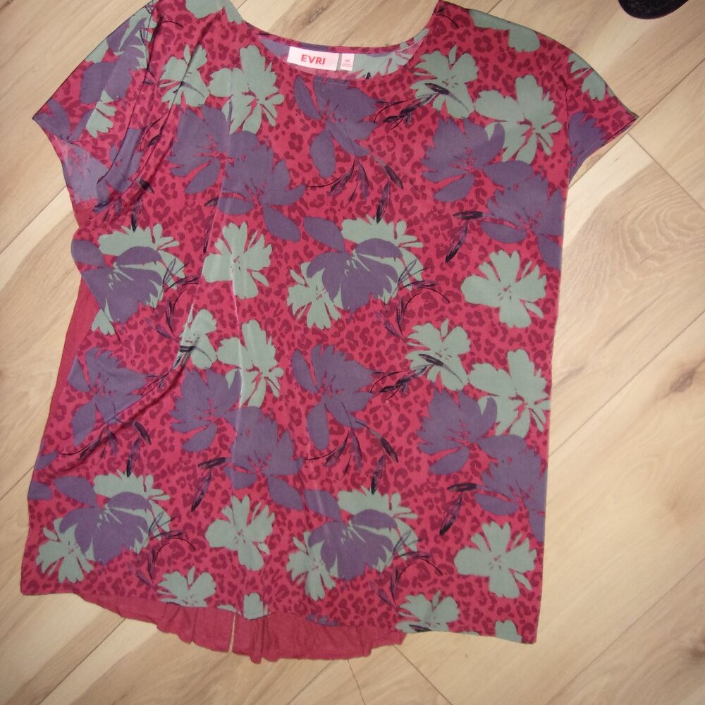 🍋‍🟩 EVRI size 1x womens green red floral casual dress shirt blouse 1 x boho